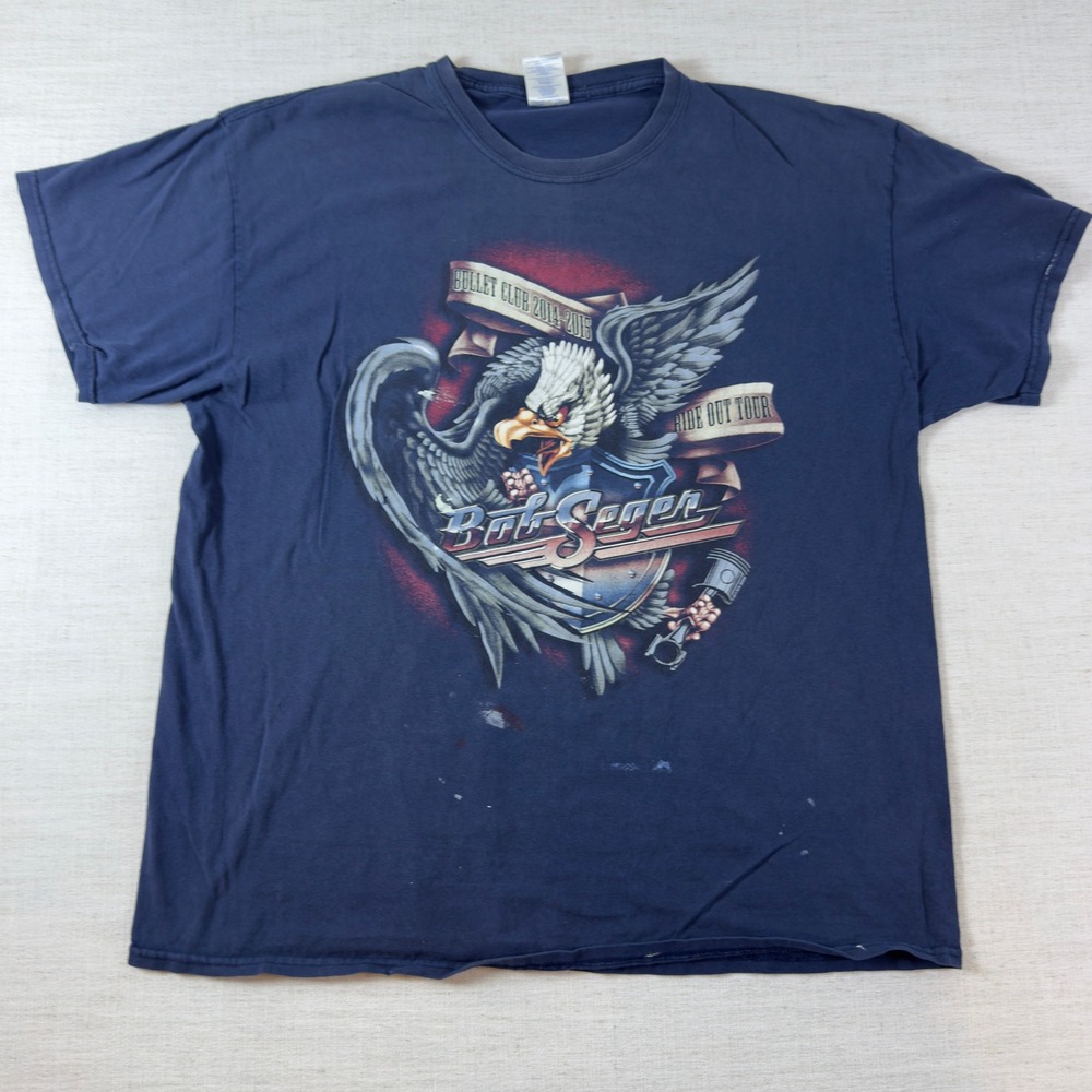 Bob Seger Ride Out Tour 2014-2015 Graphic T-Shirt Navy Blue XL Gildan Cotton